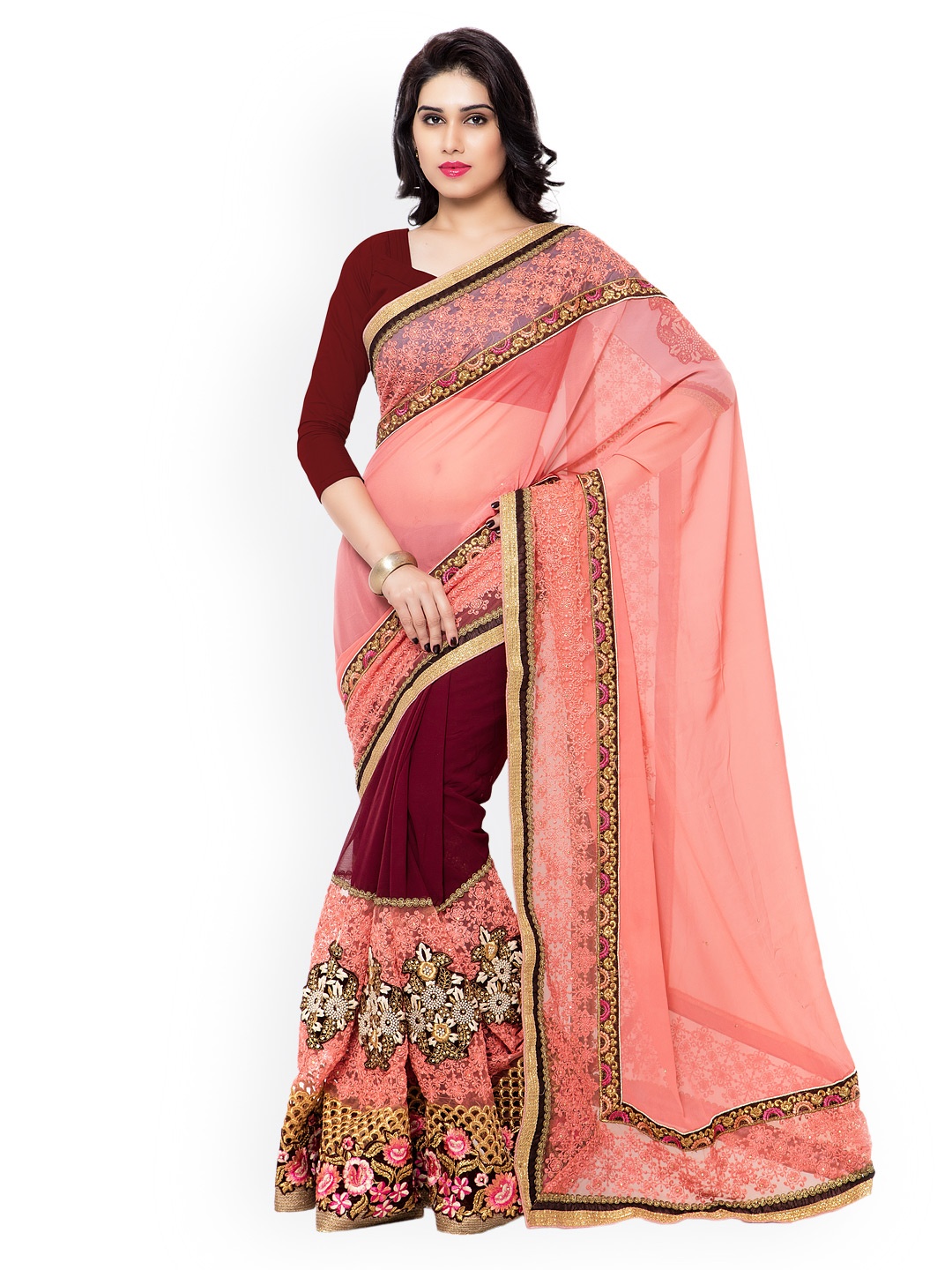 

Kalista Peach-Coloured & Burgundy Embroidered Embellished Saree