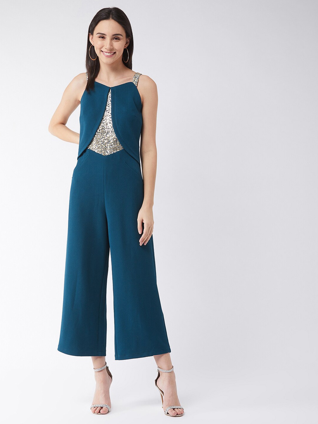 

Miss Chase Teal & Silver-Toned Sequin Embellished Layered Jumpsuit