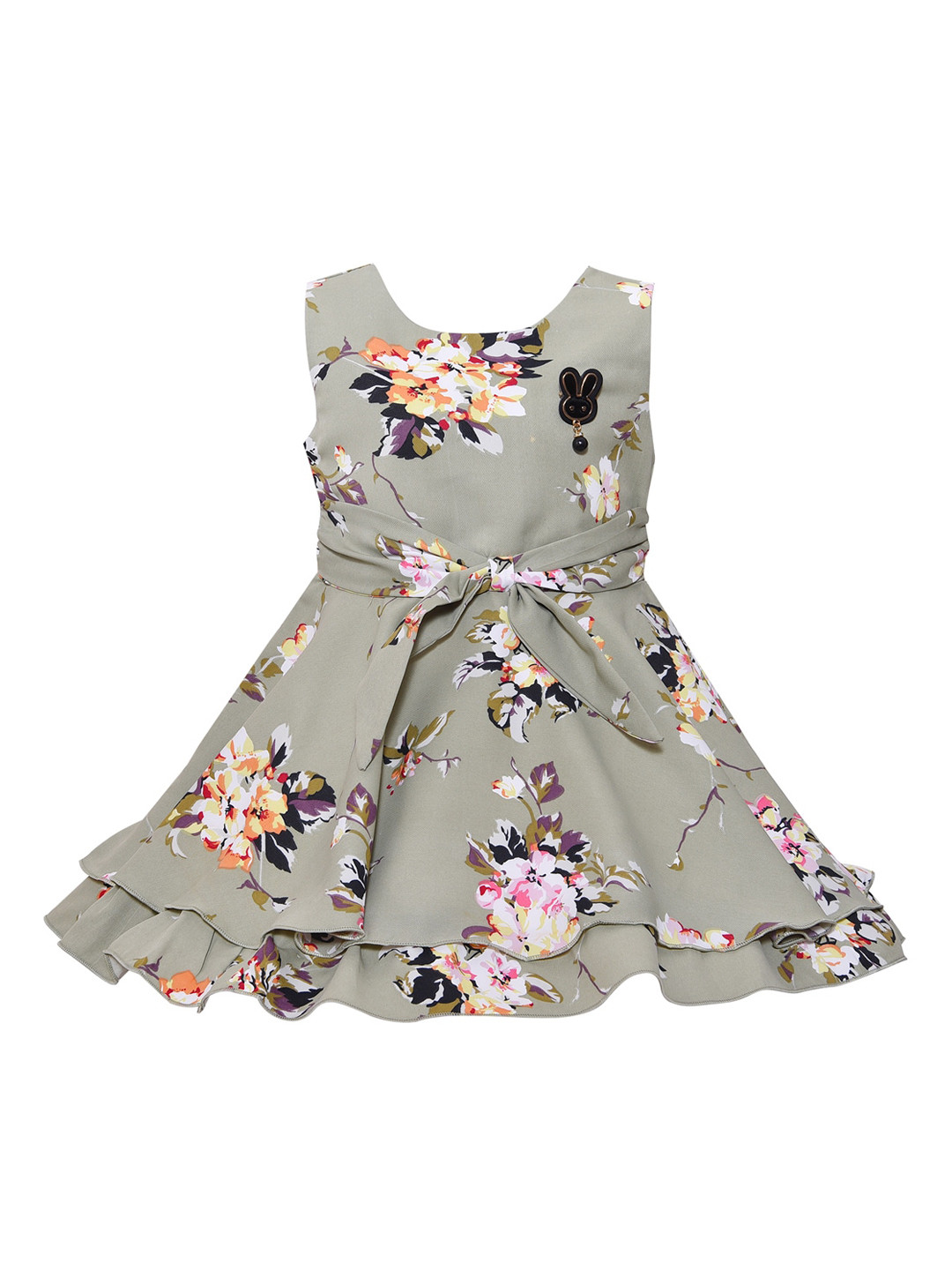 

Wish Karo Girls Green & Orange Floral Printed Layered Satin Dress