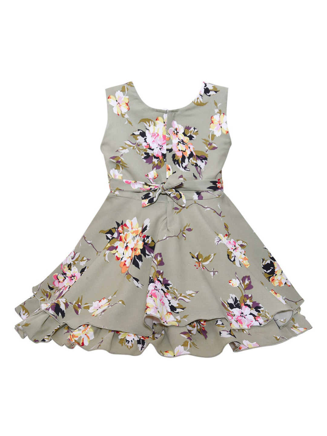 

Wish Karo Girls Green & White Floral Printed Round Neck Satin Fit & Flare Dress