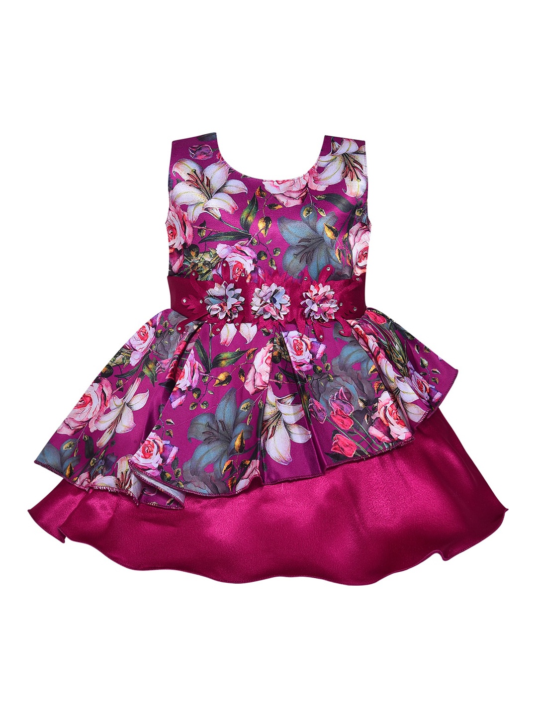 

Wish Karo Purple & Multicoloured Floral Printed Satin Frock Dress