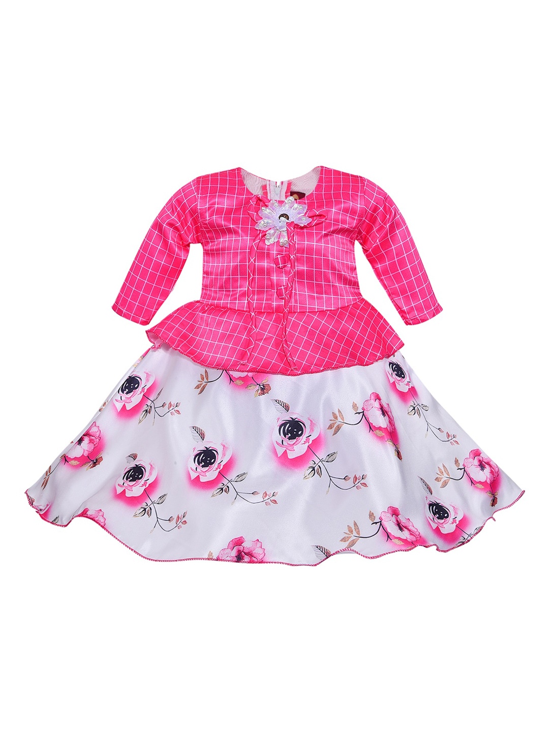 

Wish Karo Girls Pink & White Floral Printed Satin Layered Fit & Flare Dress