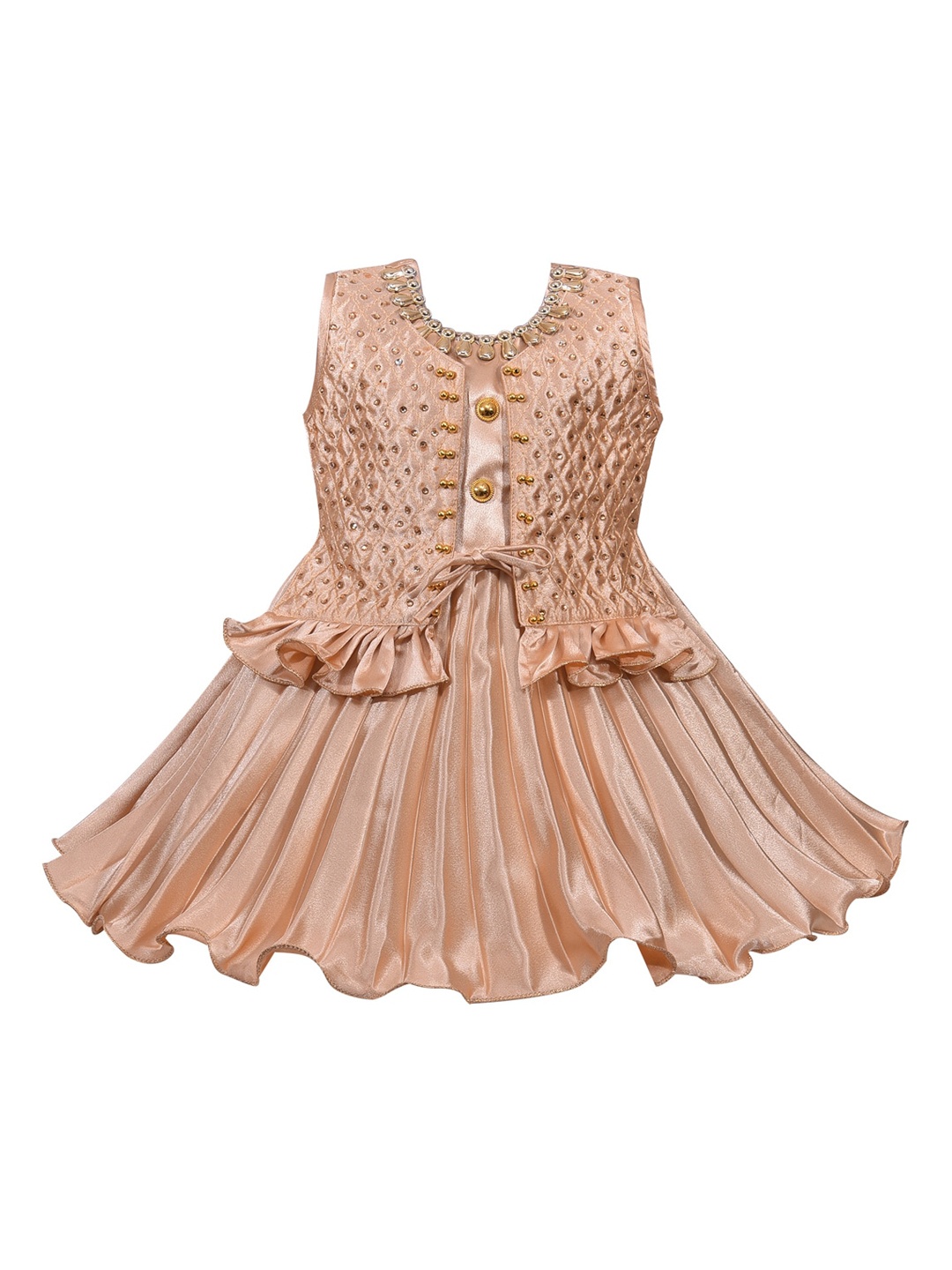 

Wish Karo Girls Beige Embellished Satin Fit & Flare Dress
