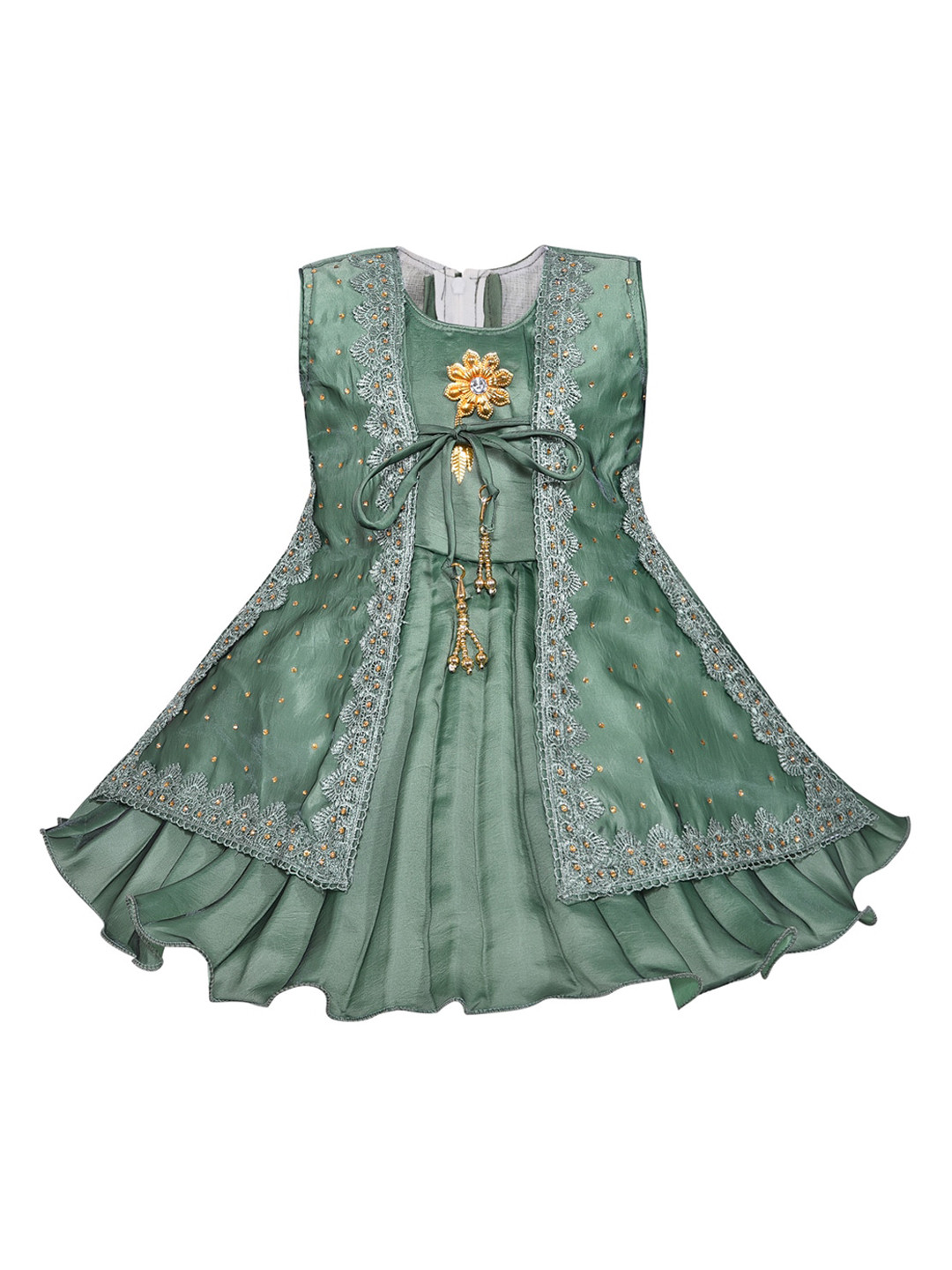 

Wish Karo Girls Green Ethnic Motifs Embroidered Satin Dress
