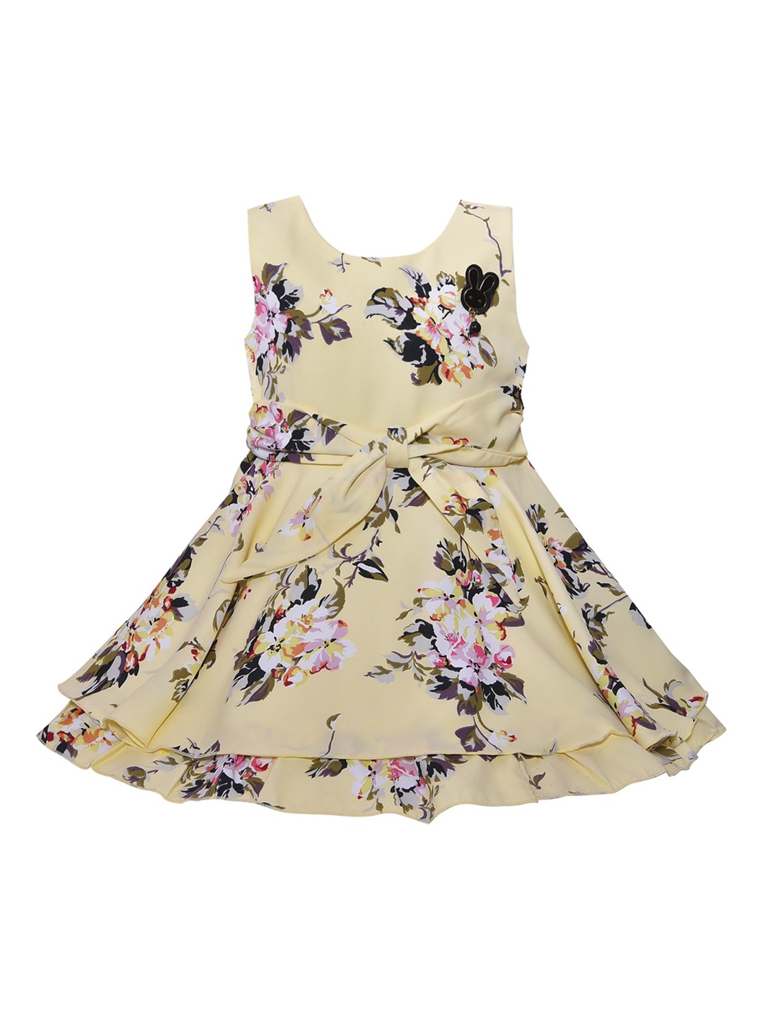 

Wish Karo Girls Yellow & Pink Floral Printed Layered Satin Dress