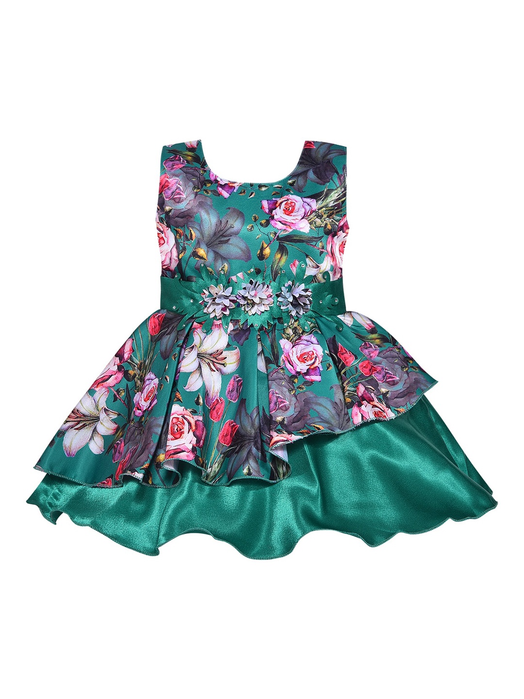 

Wish Karo Girls Green & Pink Floral Printed Layered Satin Fit & Flare Dress