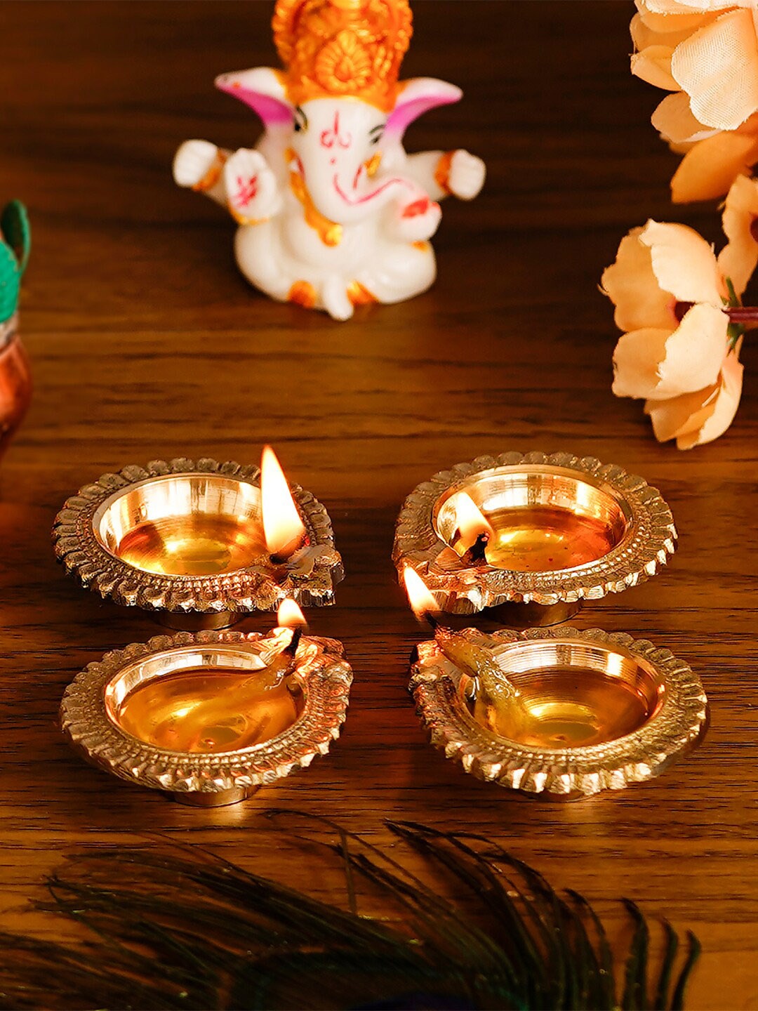 

eCraftIndia Set of 4 Handcrafted Brass Diyas, Gold