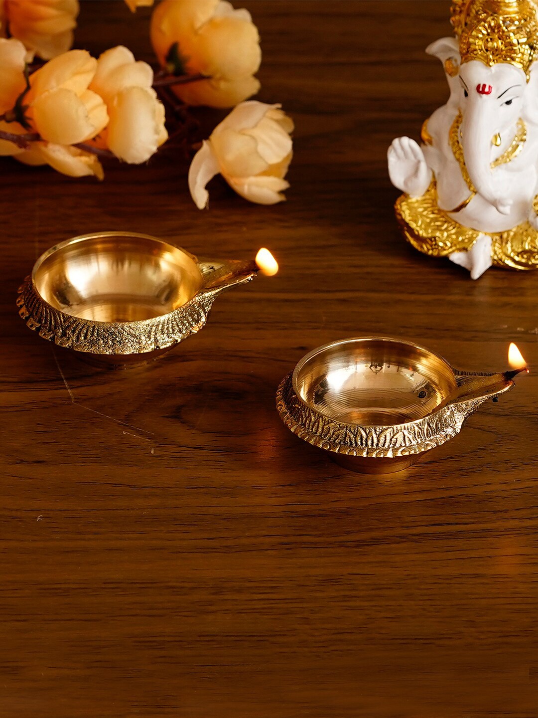 

eCraftIndia Set of 2 Gold-Toned Auspicious Handcrafted Brass Diya