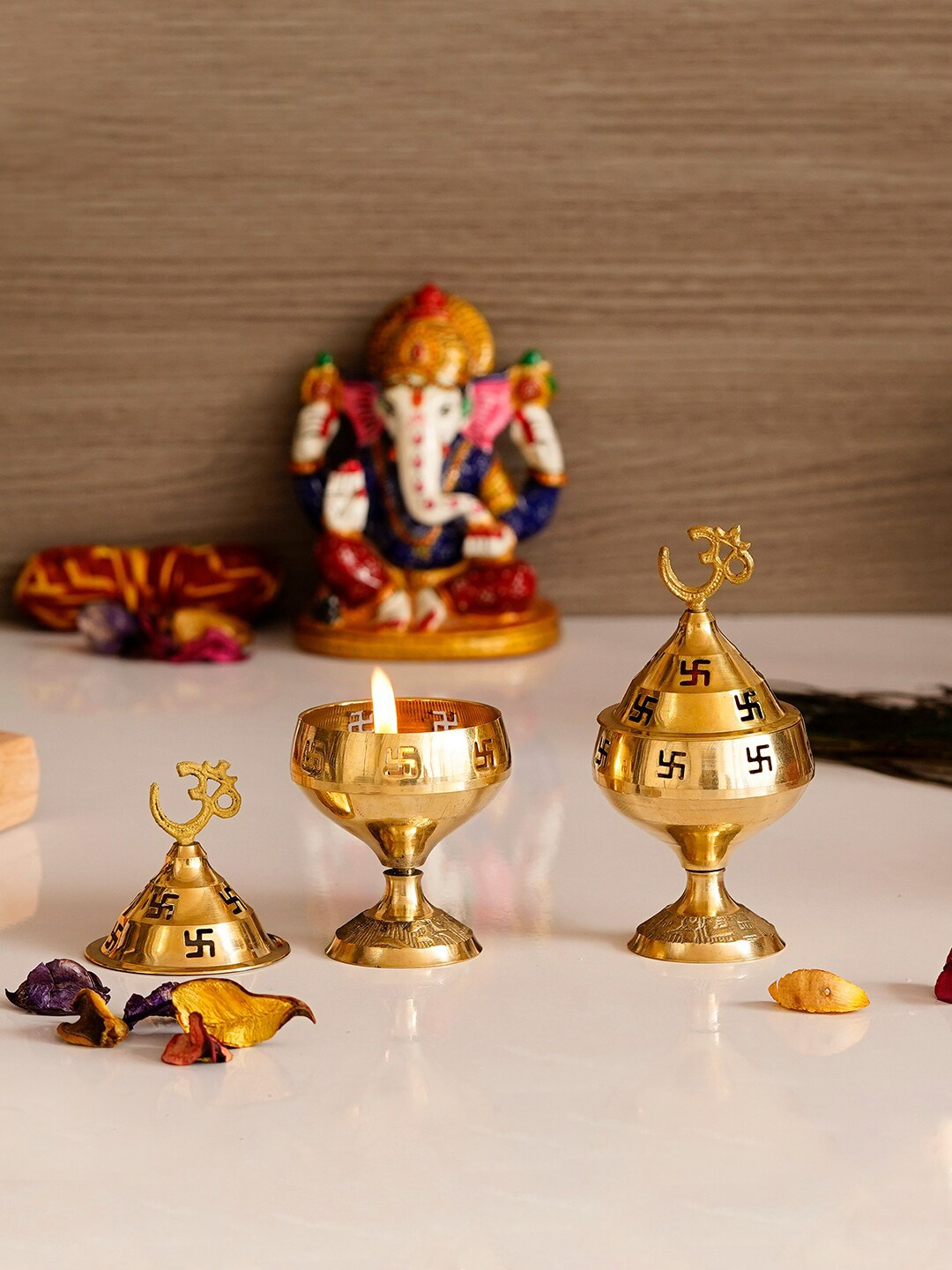 

eCraftIndia Gold-Toned Set of 2 Om and Swastik Brass Diya