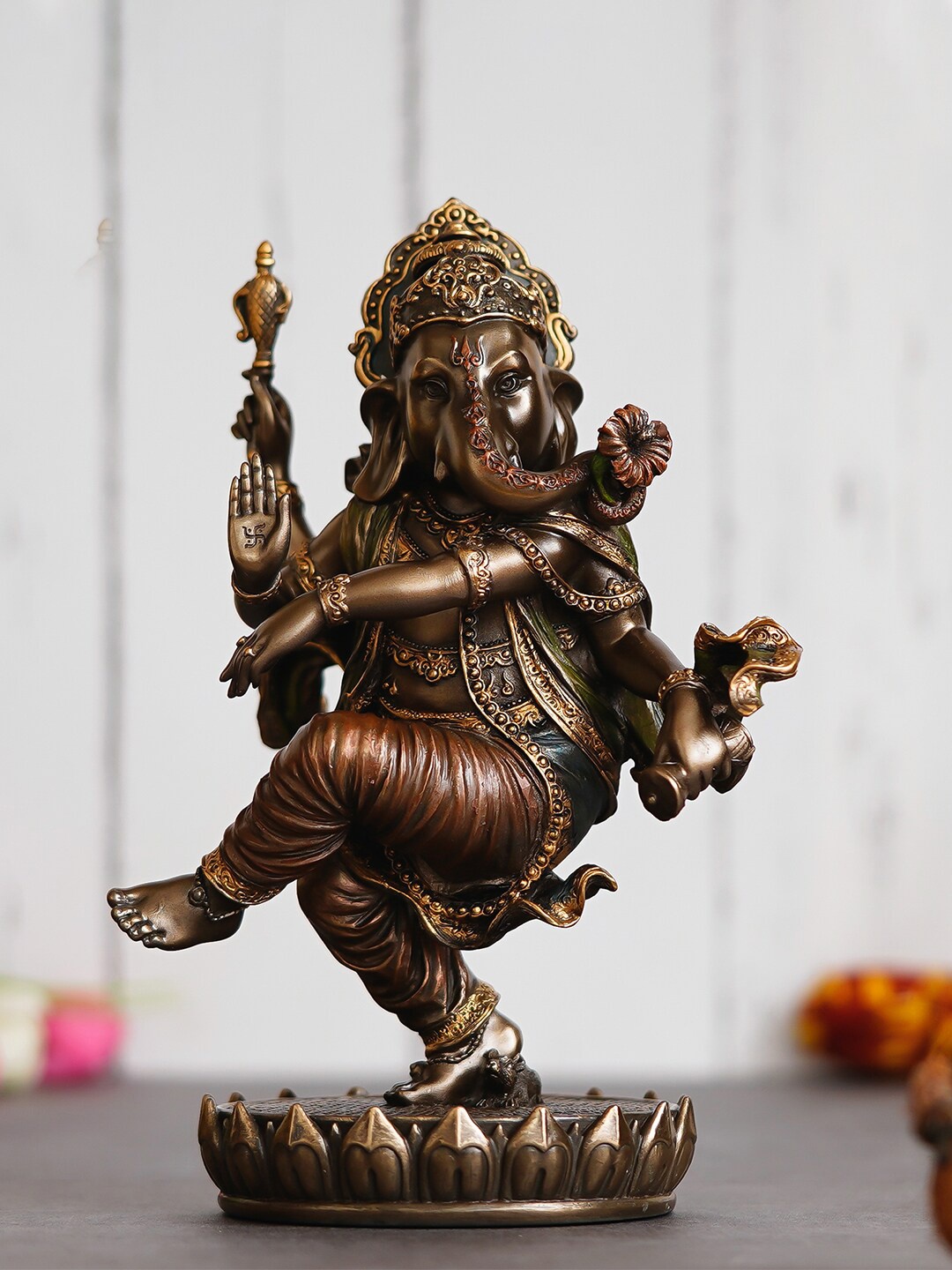 

eCraftIndia Brown & Gold Dancing Lord Ganesha Showpiece Figurine