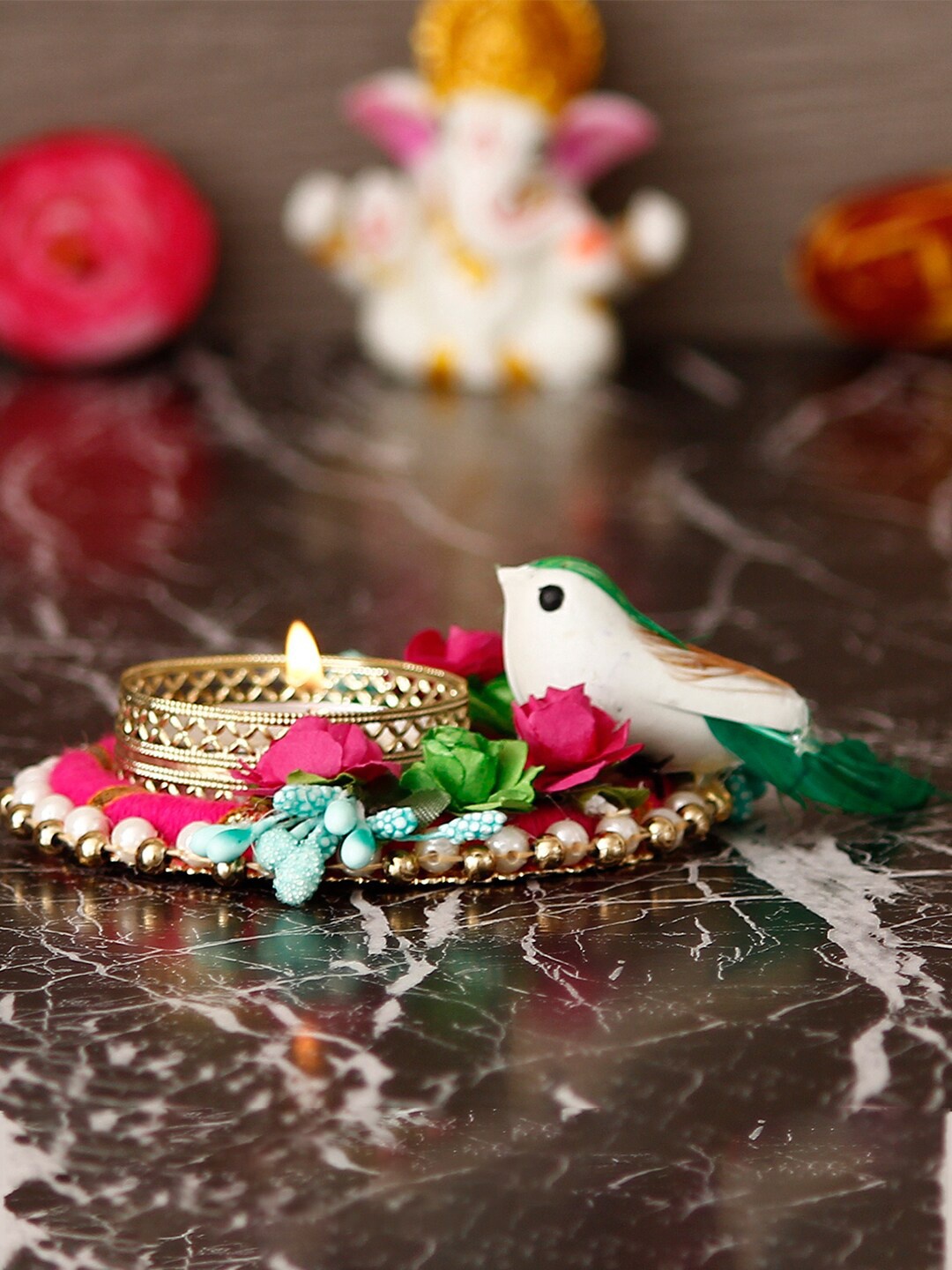 

eCraftIndia White & Pink Bird & Floral Tea Light Candle Holder