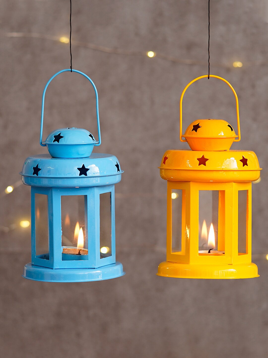 

eCraftIndia Set Of 2 Blue & Yellow Handcrafted Tea Light Holder Lanterns