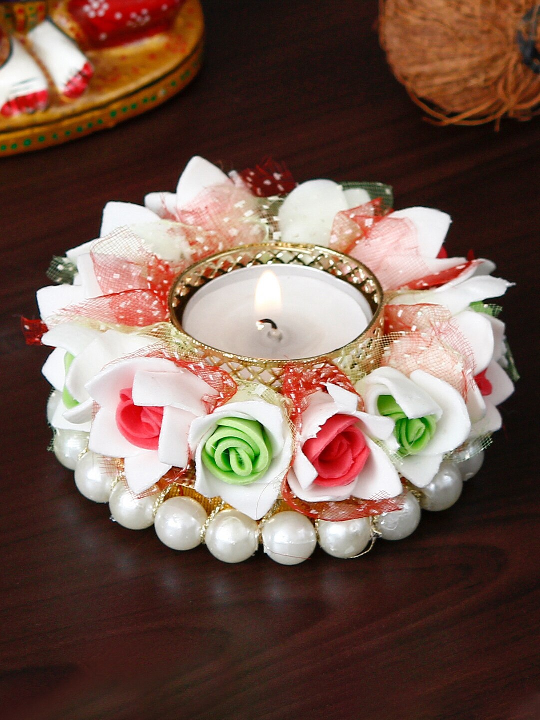 

eCraftIndia White & Red Handcrafted Floral Tea Light Holder