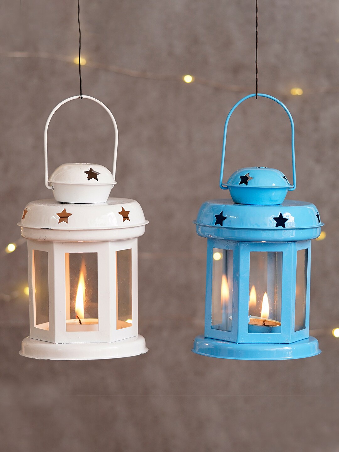 

eCraftIndia Set Of 2 Handcrafted Tea Light Holder Lanterns, Blue