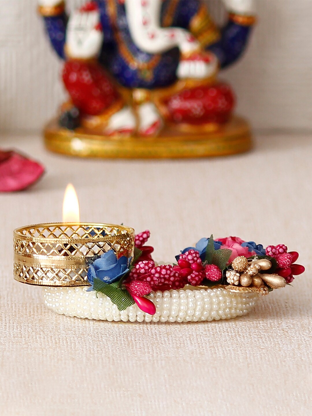 

eCraftIndia White & Pink Peacock & Floral Handcrafted Decorative Tea Light Holder
