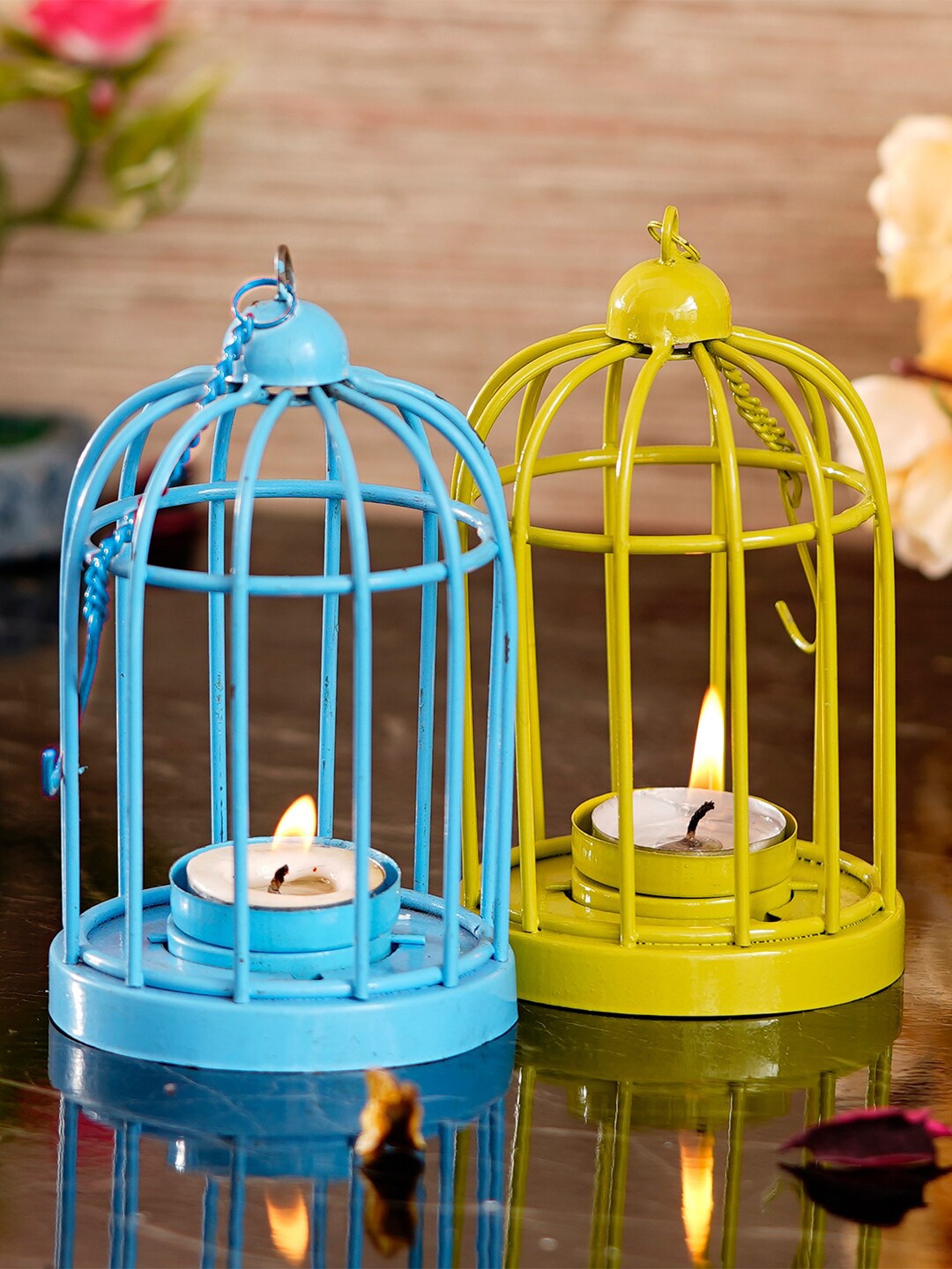 

eCraftIndia Set of 2 Cage Tea Light Holder with Hanging Chain, Blue