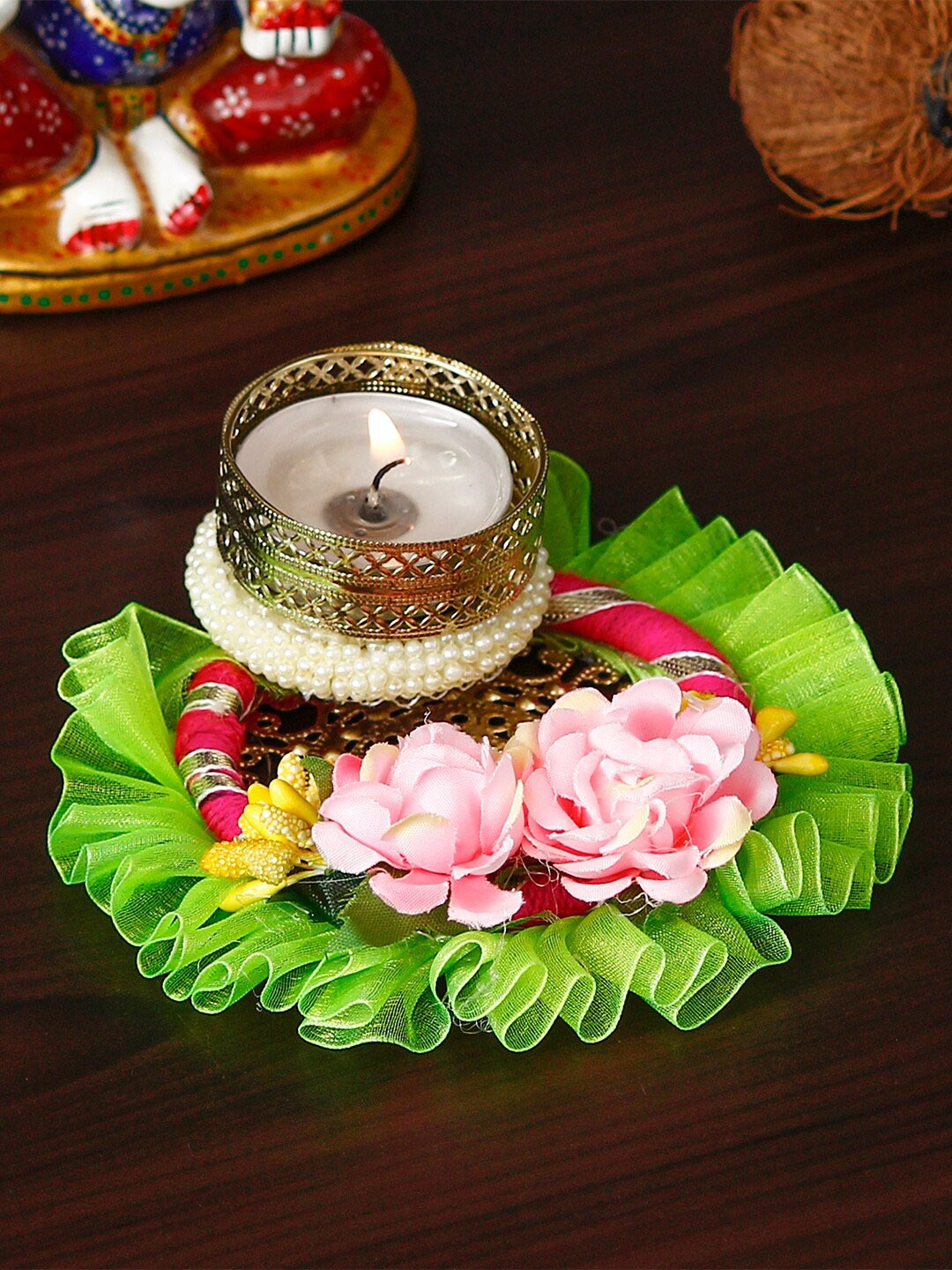 

eCraftIndia Green & Pink Handcrafted Floral Tea Light Candle Holder