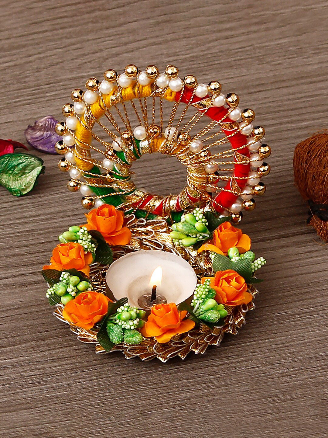 

eCraftIndia Orange & Red Handcrafted Singhasan Tea Light Candle Holder