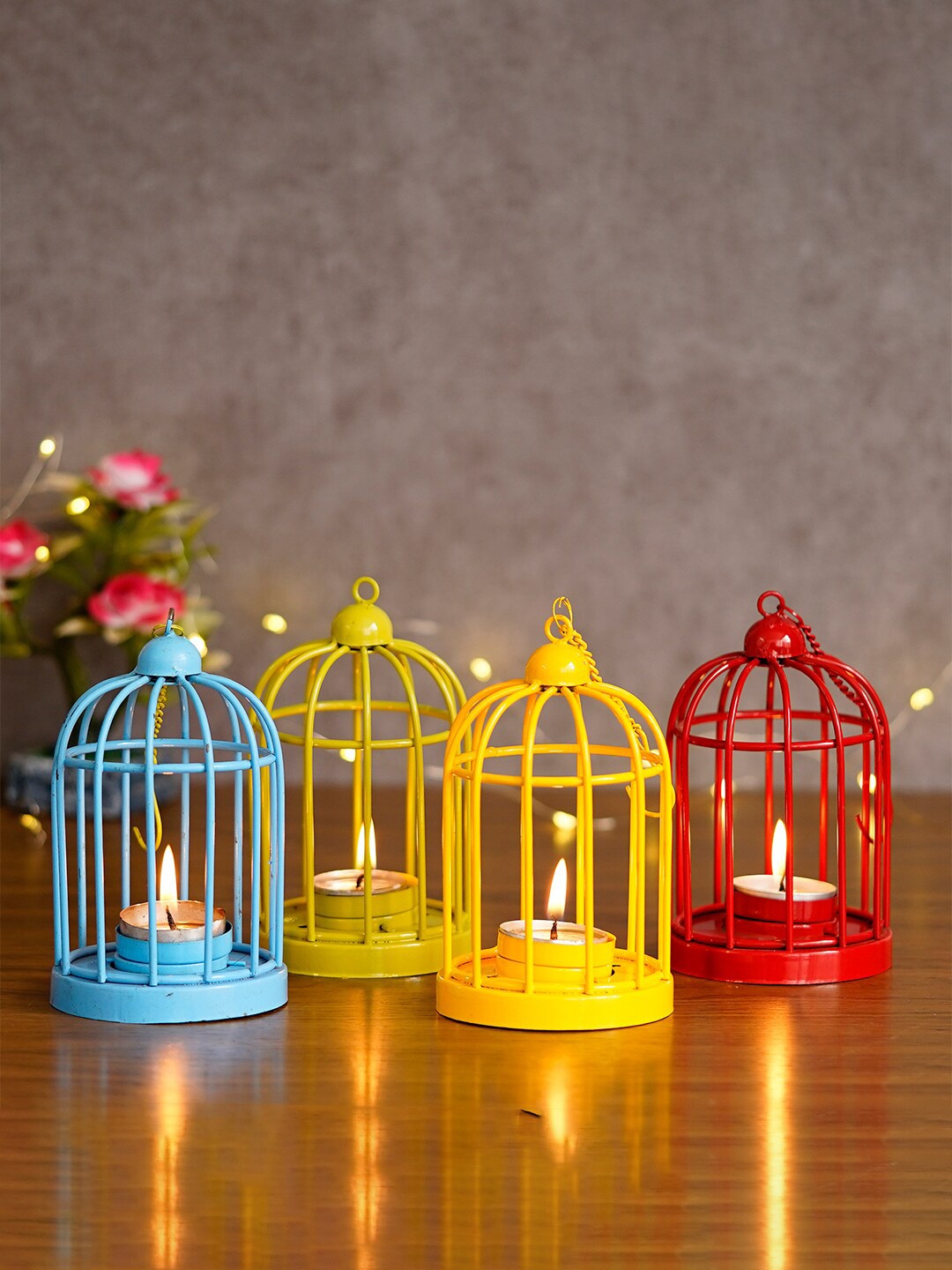 

eCraftIndia Set Of 4 Solid Cage Candle Holder With Hanging Chain, Red