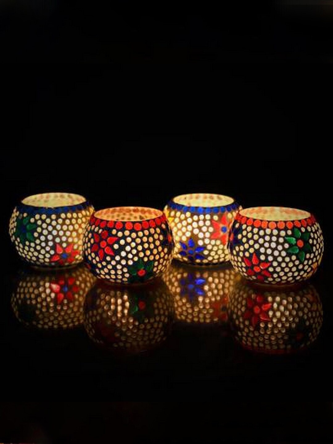 

eCraftIndia Set of 4 Multicolored Mosiac Glass Decorative Tea Light Holders, Blue