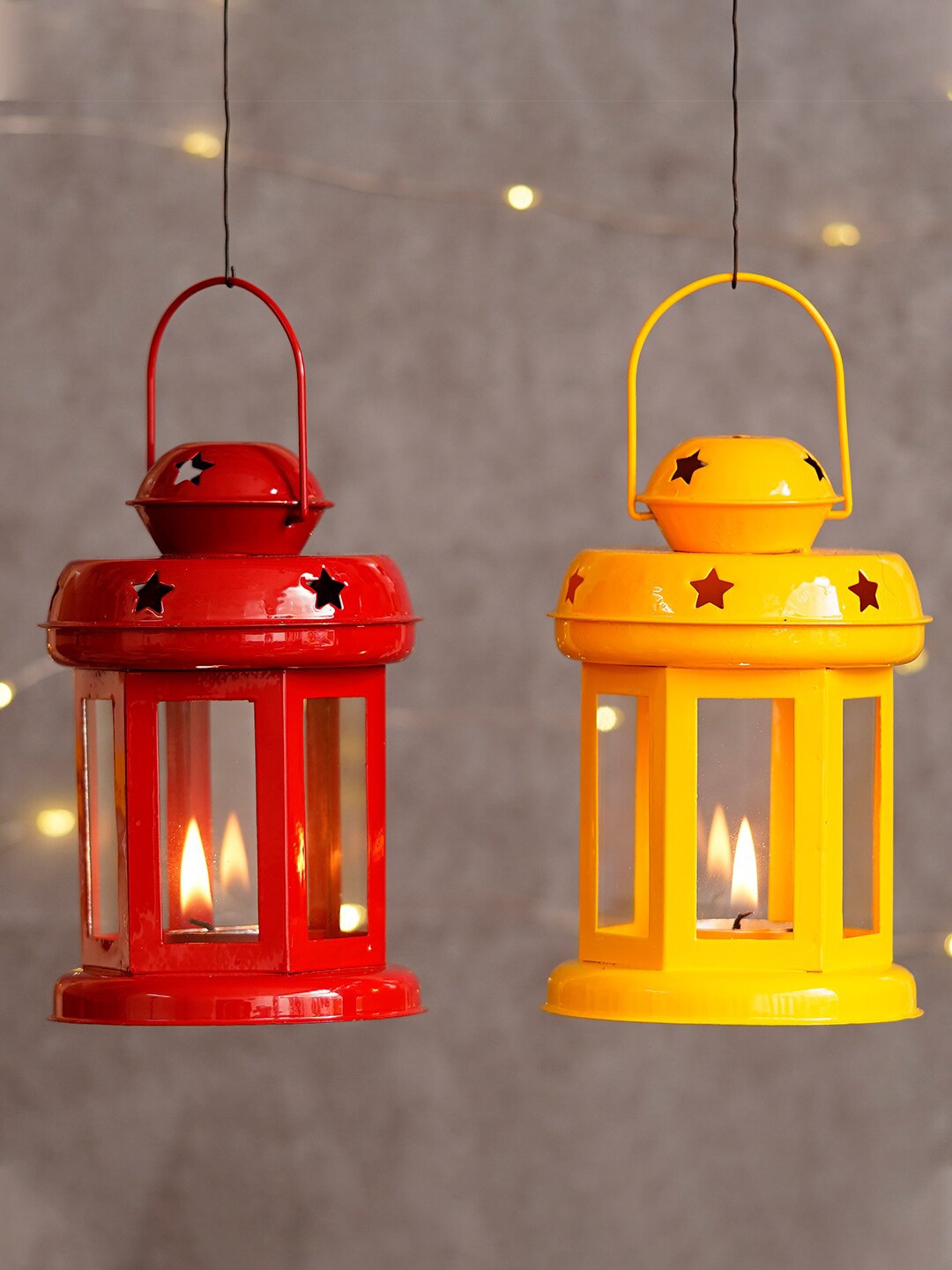 

eCraftIndia Set Of 2 Handcrafted Tea Light Holder Lanterns, Yellow