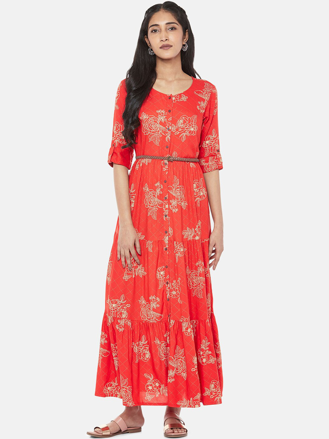 

AKKRITI BY PANTALOONS Coral Orange & Yellow Floral Maxi Dress