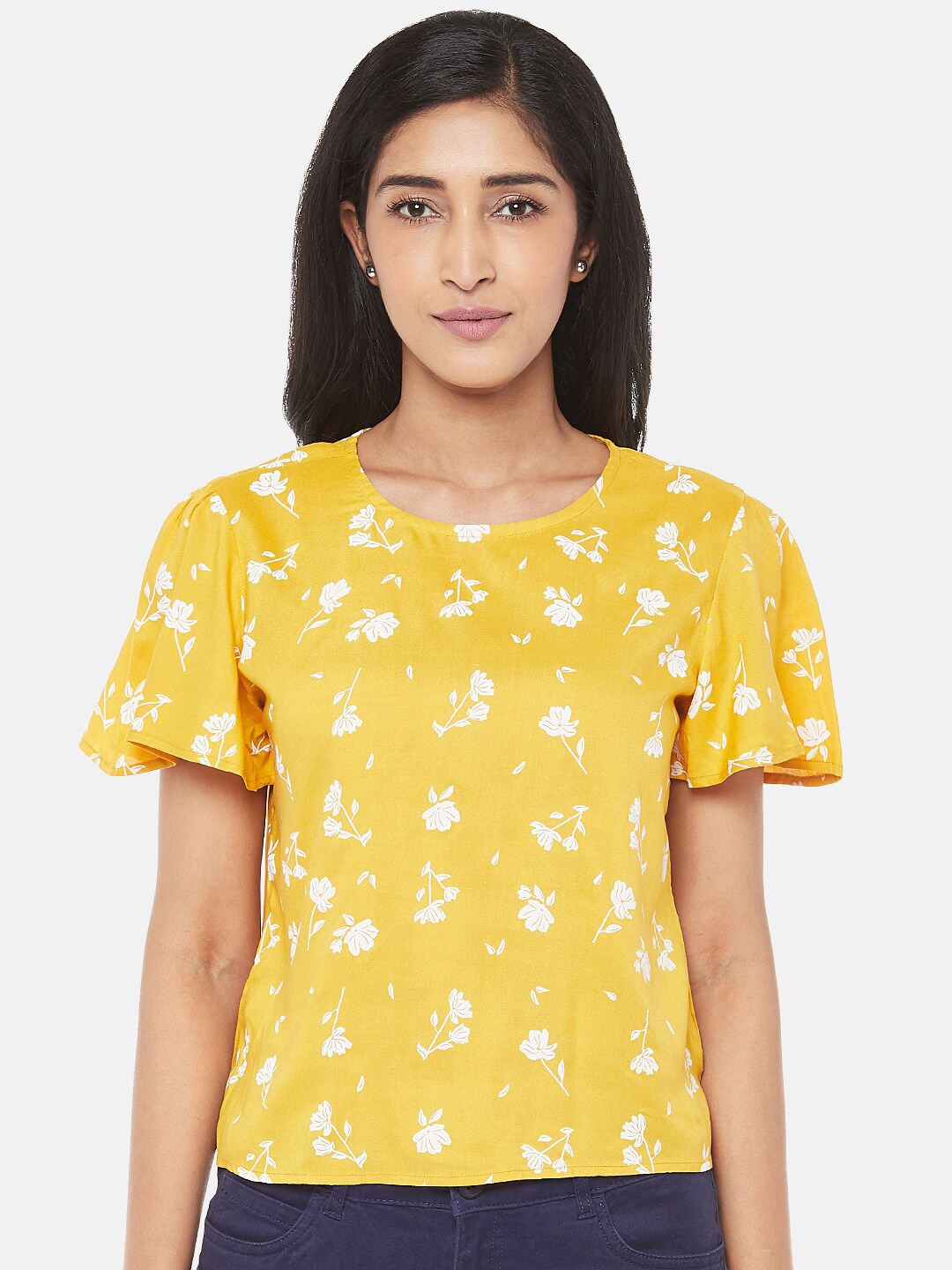 

Honey by Pantaloons Mustard Yellow Floral Regular Top