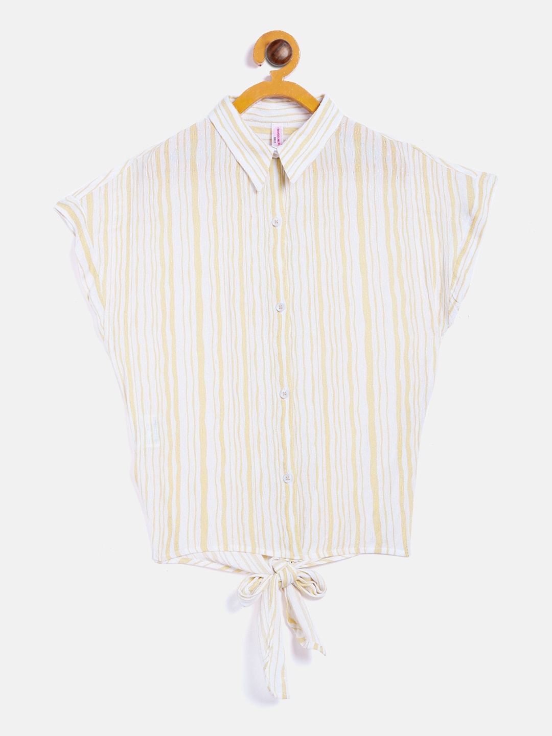 

Crimsoune Club Girls White & Yellow Striped Shirt Style Top With Waist Tie-Up