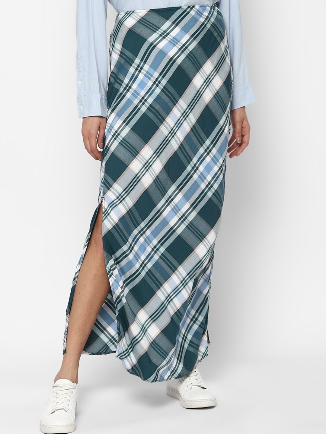 

AMERICAN EAGLE OUTFITTERS Women Green & White Checked Straight Maxi Skirt