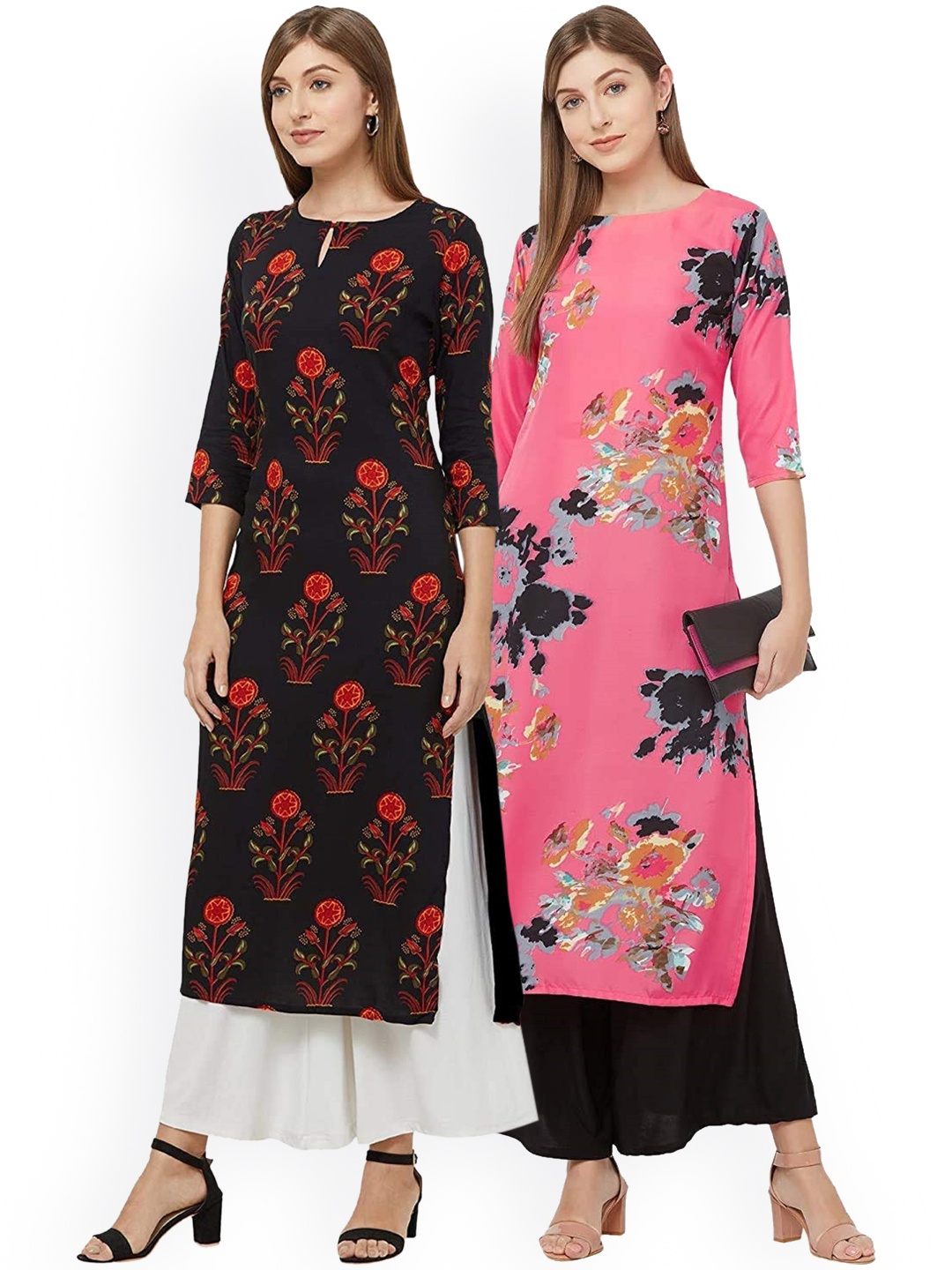 

KALINI Women Pack of 2 Black & Pink Floral Printed Keyhole Neck Crepe Kurta