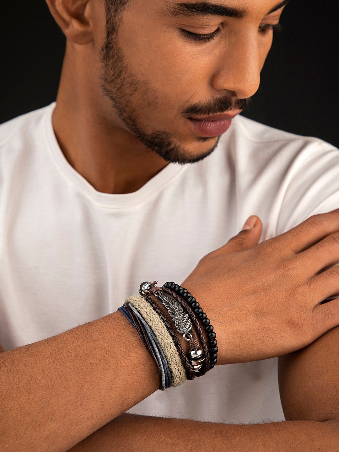 

The Roadster Lifestyle Co Men Multi Beaded & Alloy Stack Bracelet, Black