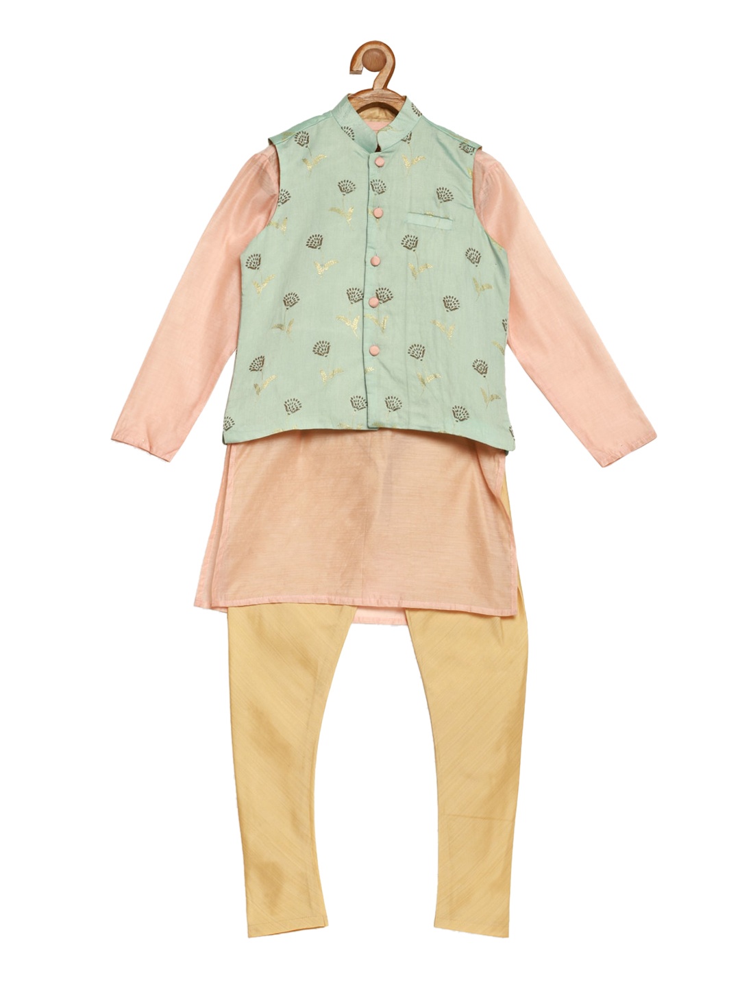 

Ethnovog Boys Peach-Coloured Regular Kurta with Pyjamas Jacket