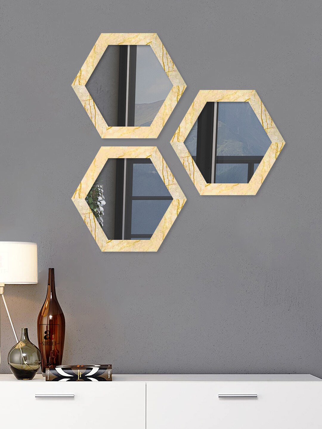 Art Street Set Of 3 Beige Printed Hexagon Shape Wall Mirrors