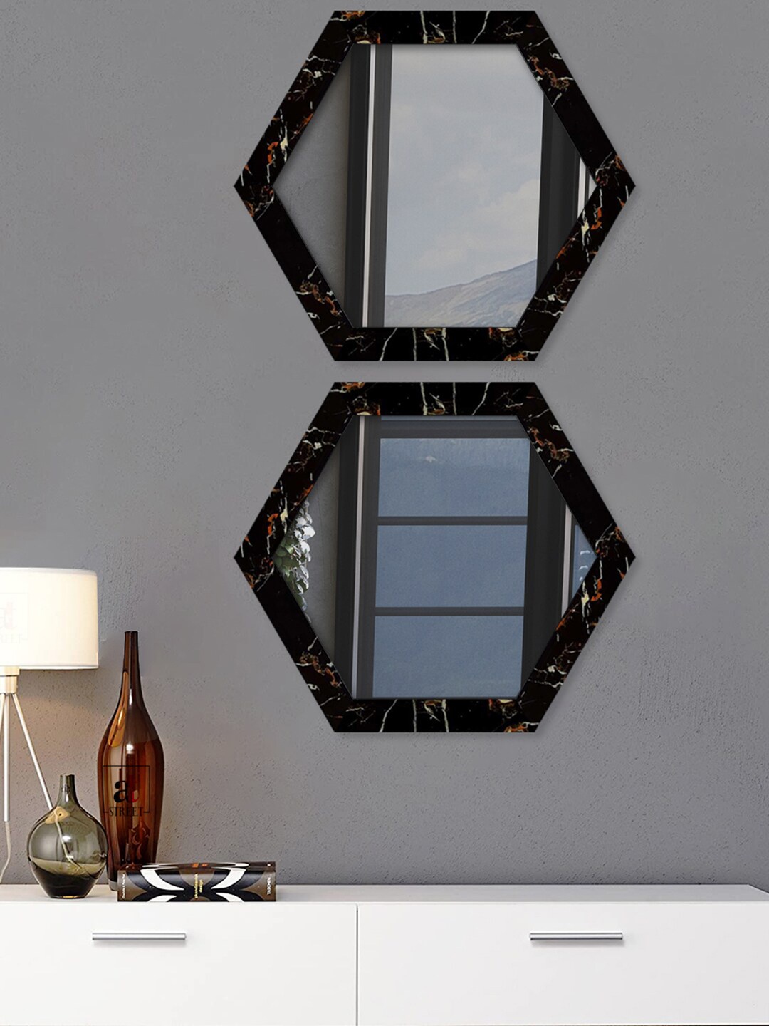 

Art Street Set Of 2 Black Printed Decorative Hexagon-Shaped Wall Mirrors