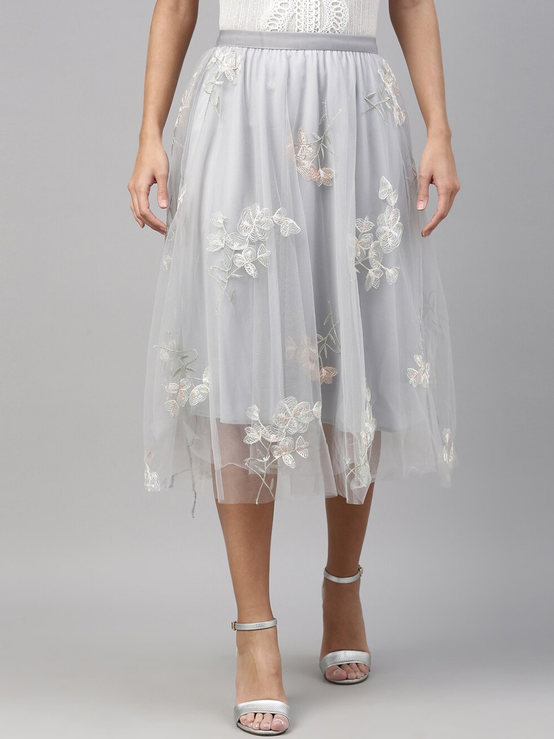 

Insua Women Grey Floral Embroidered A-Line Midi Skirt