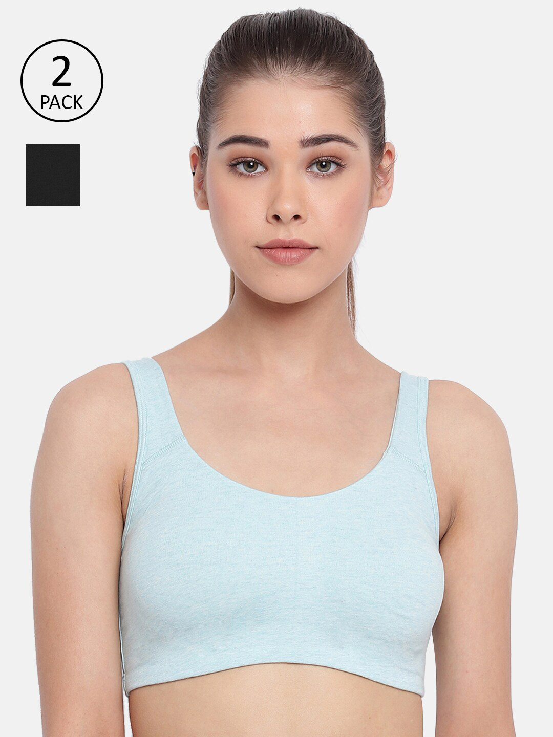 

Enamor Set Of 2 Black & Blue Non-Wired Non Padded Full Coverage Low Impact Slip on Sports Bra, Multi