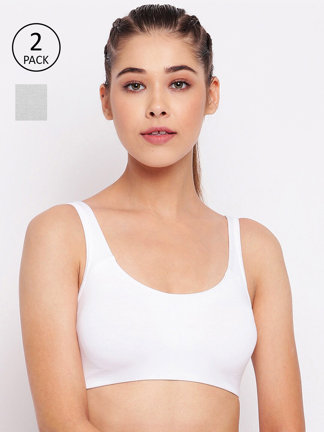 Enamor Pack Of 2 Non-Wired Non Padded Full Coverage Low Impact Slip-On Sports Bra SB06, White