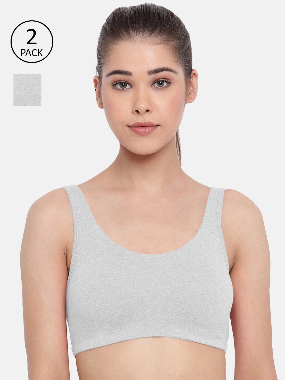 

Enamor Set Of 2 Grey Non-Wired Non Padded Full Coverage Low Impact Slip on Sports Bra - SB06, Grey melange