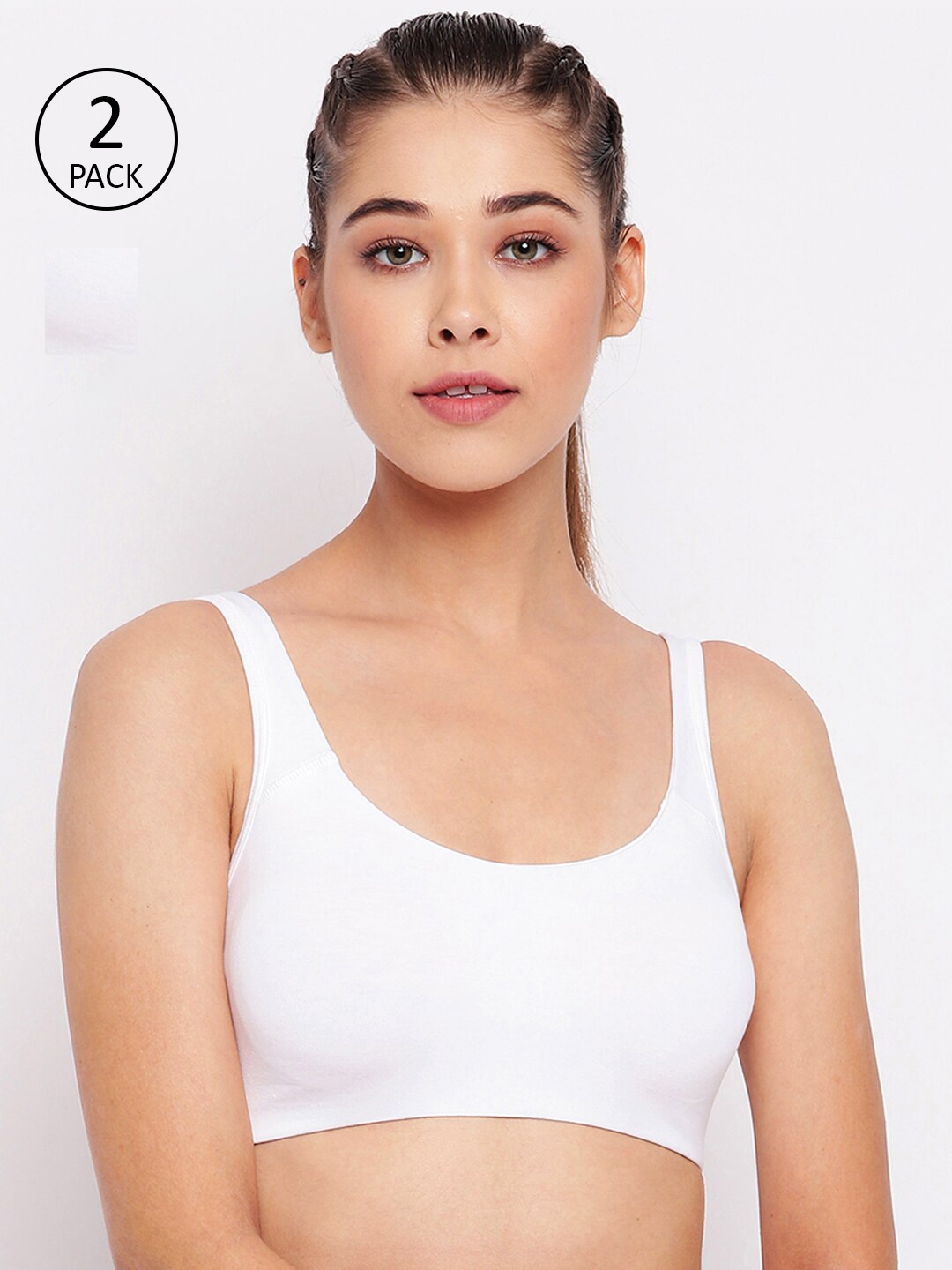 

Enamor Set Of 2 White Non-Wired Non Padded Full Coverage Low Impact Slip on Sports Bra