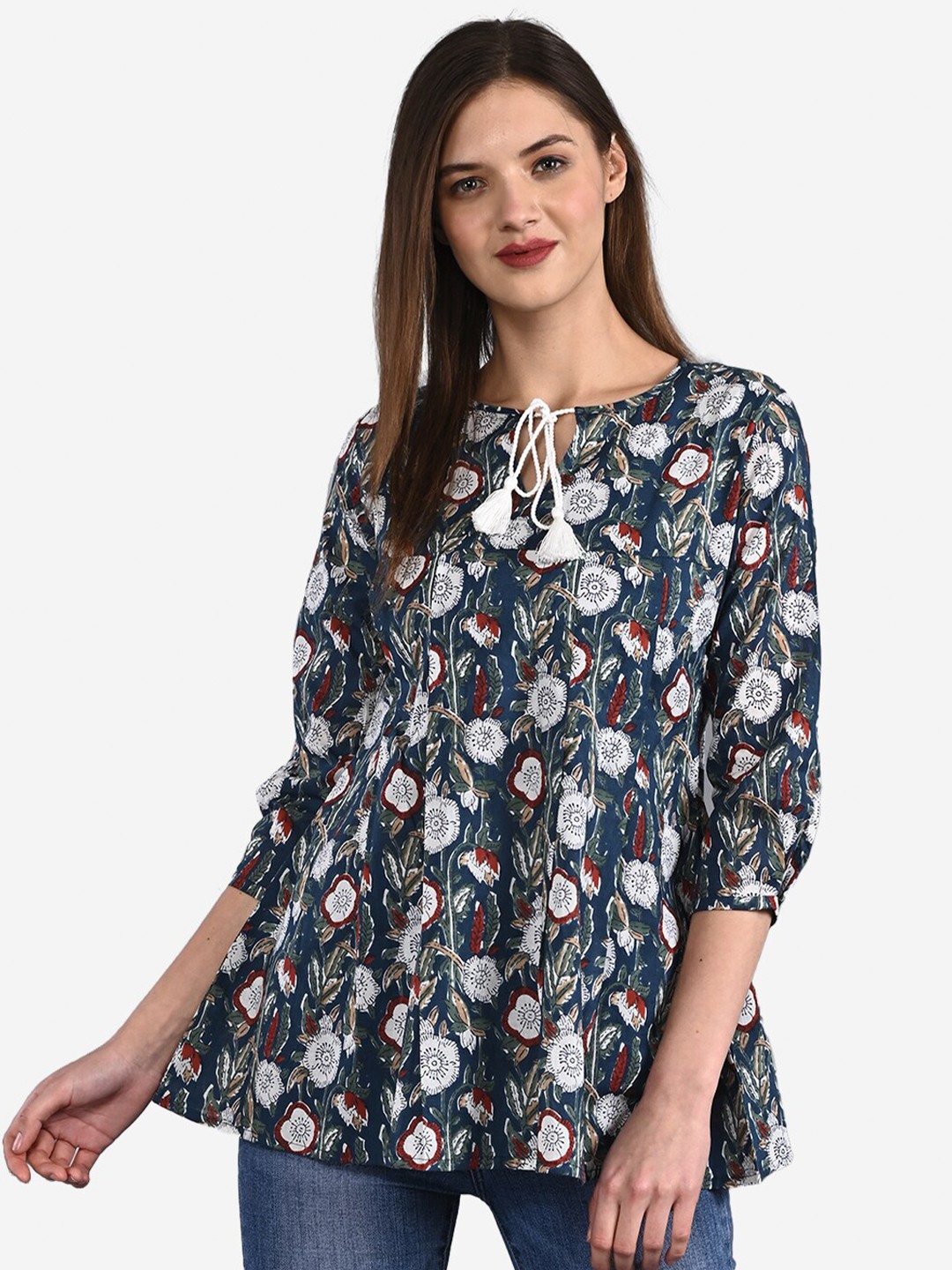 

GULMOHAR JAIPUR Blue Floral Tie-Up Neck A-Line Top