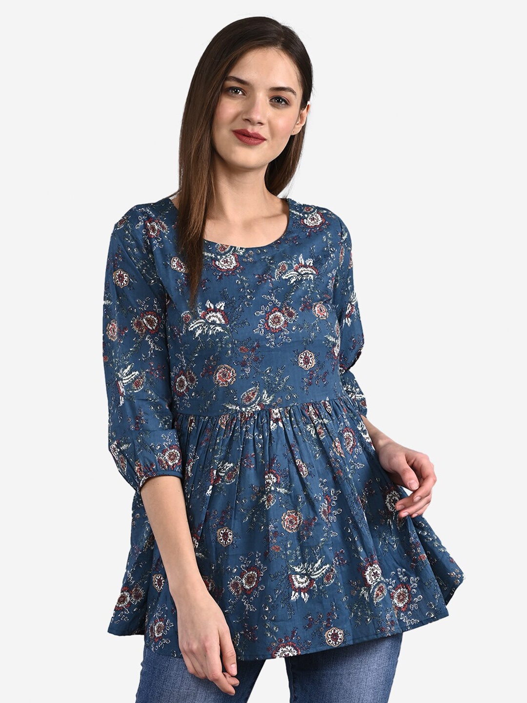 

GULMOHAR JAIPUR Blue & Off White Floral A-Line Longline Top
