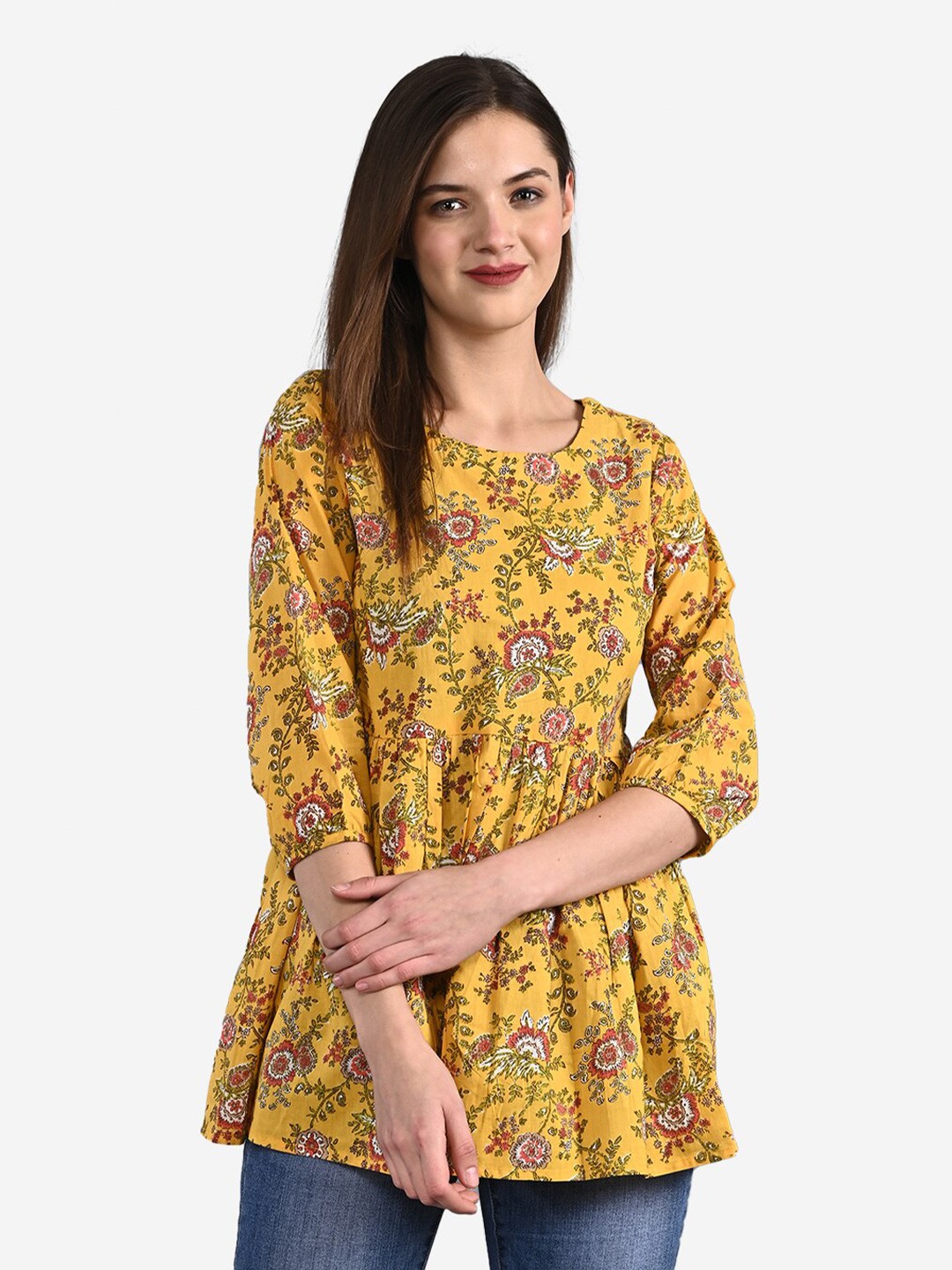 

GULMOHAR JAIPUR Yellow Floral A-Line Longline Top