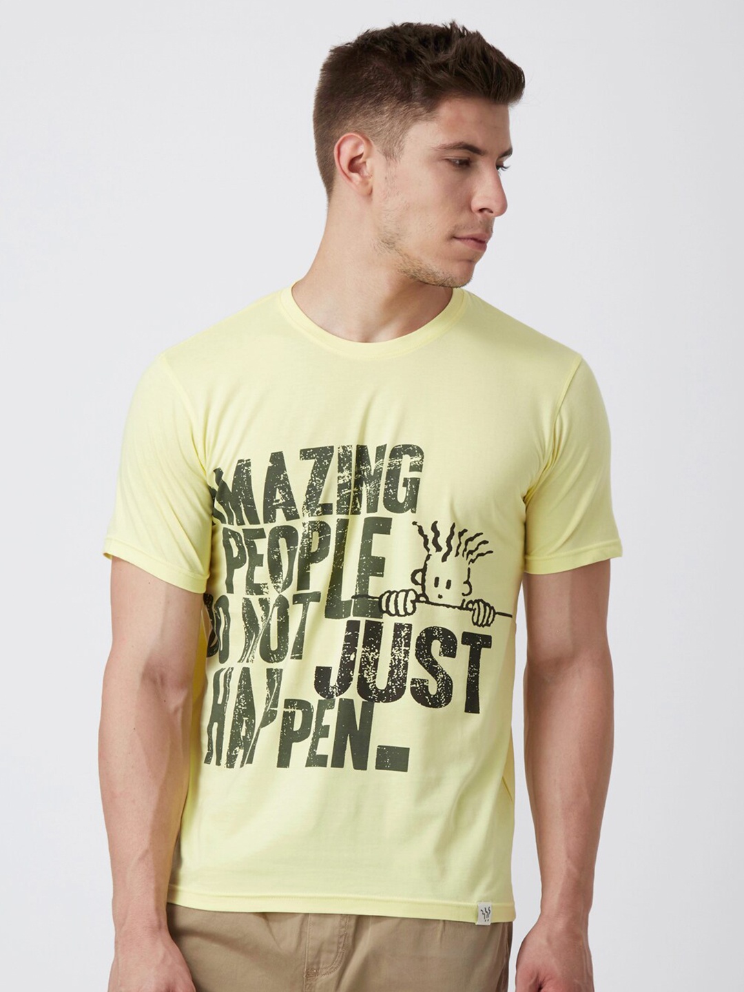 

FIDO DIDO Men Yellow & Green Typography Printed Round Neck T-shirt