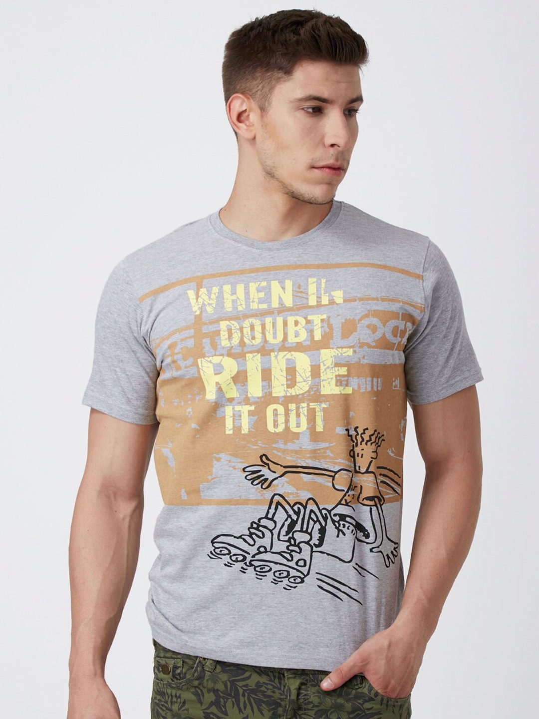 

FIDO DIDO Men Grey Printed Slim Fit T-shirt