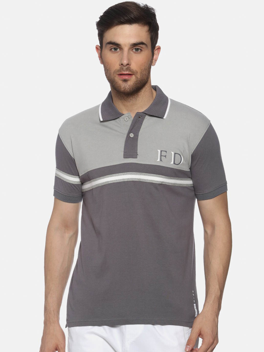 

FIDO DIDO Men Grey Colourblocked Polo Collar Slim Fit T-shirt