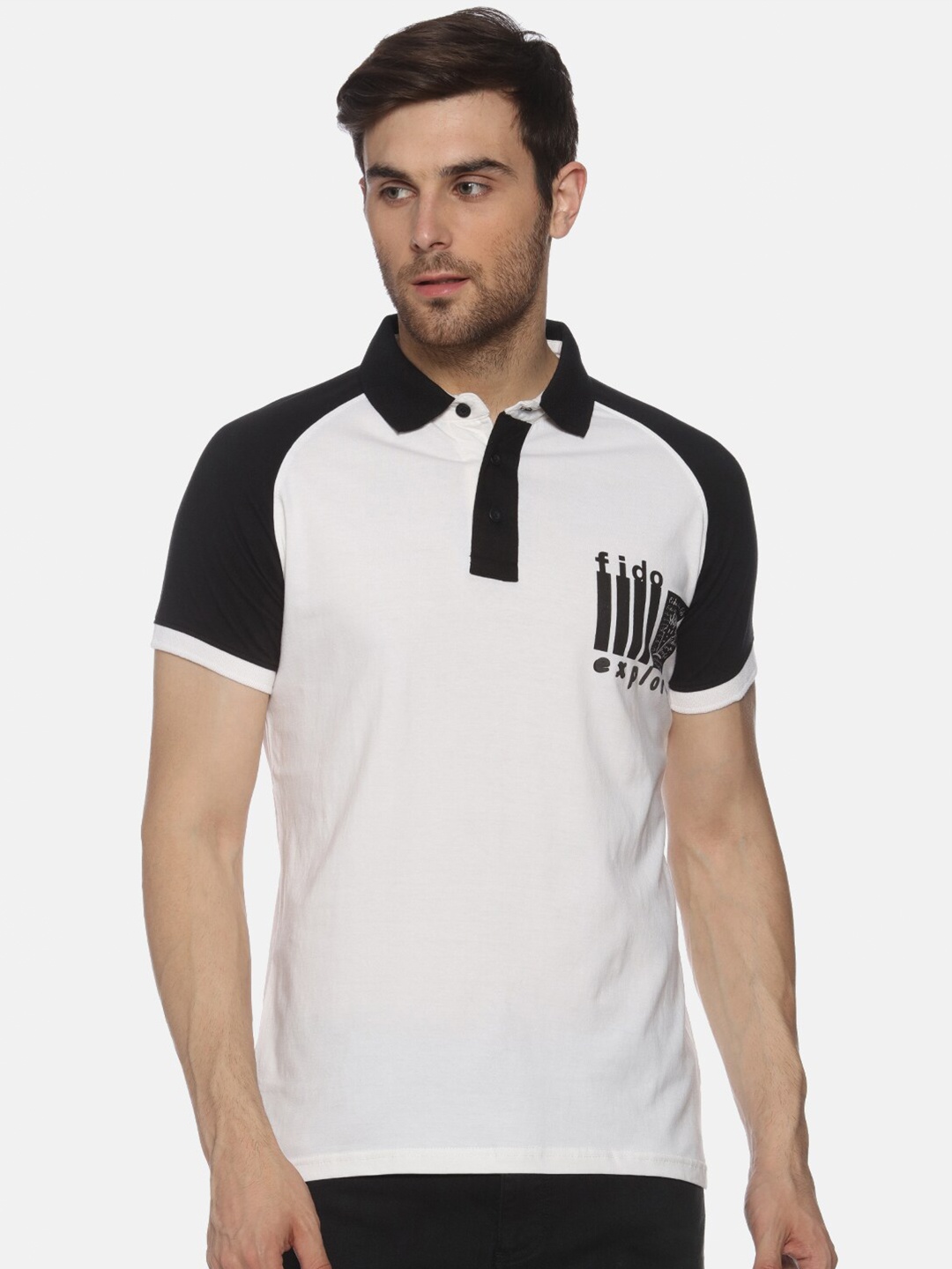 

FIDO DIDO Men White Colourblocked Polo Collar Pockets Slim Fit T-shirt