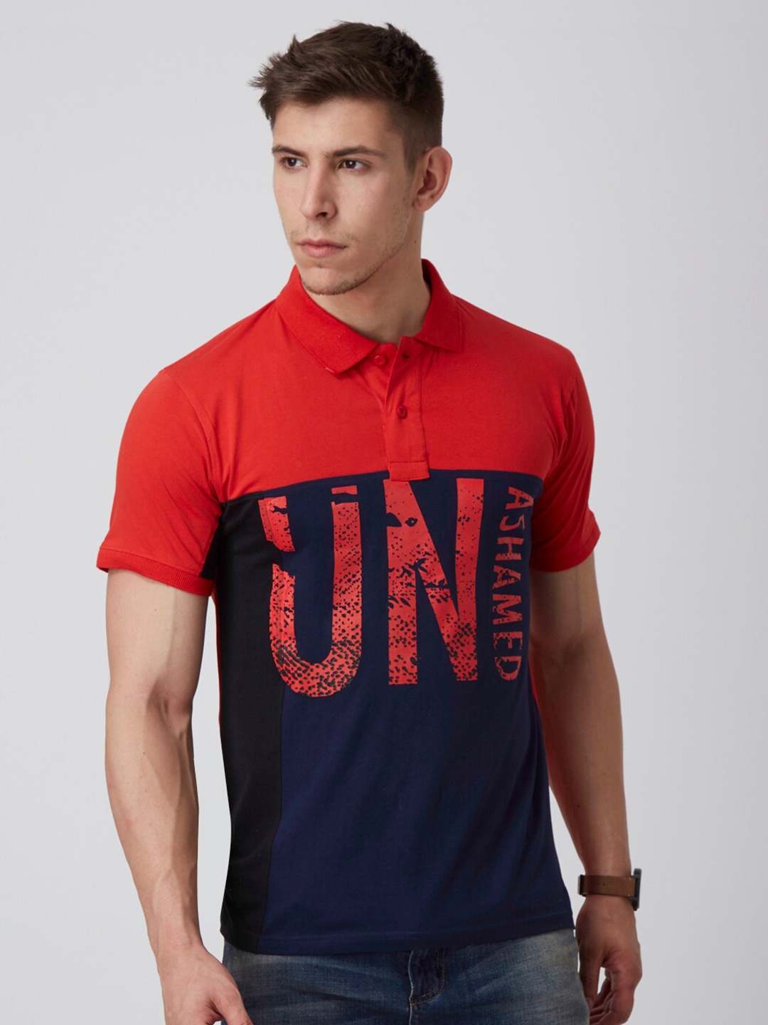 

FIDO DIDO Men Red Typography Polo Collar Slim Fit T-shirt