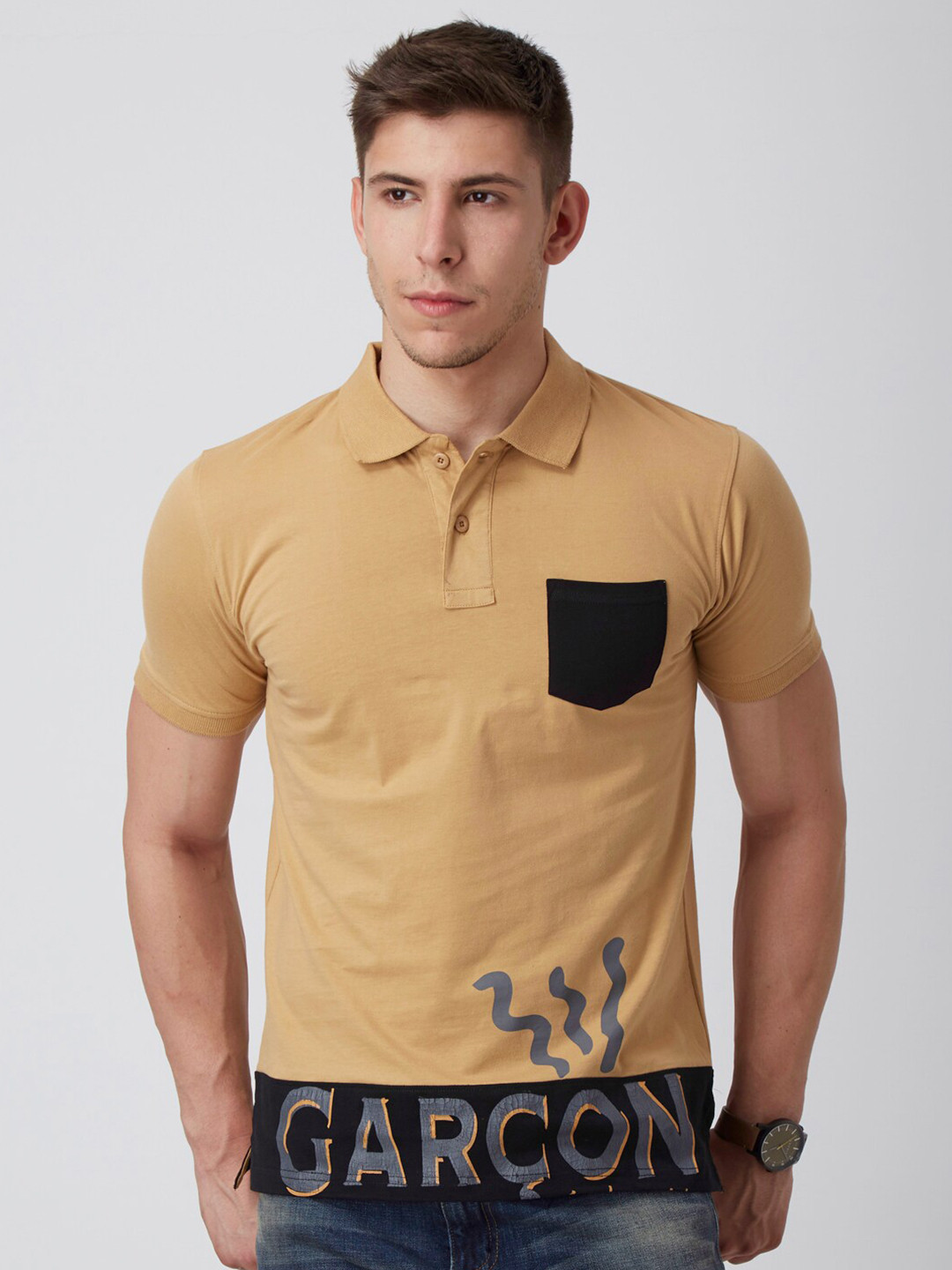 

FIDO DIDO Men Beige Black Typography Printed Polo Collar Slim Fit Pure Cotton T-shirt