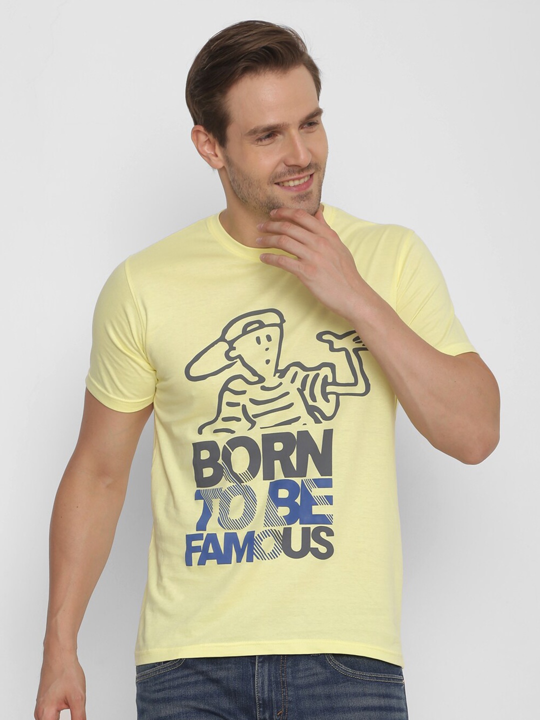 

FIDO DIDO Men Yellow Printed Slim Fit Cotton Pure Cotton T-shirt