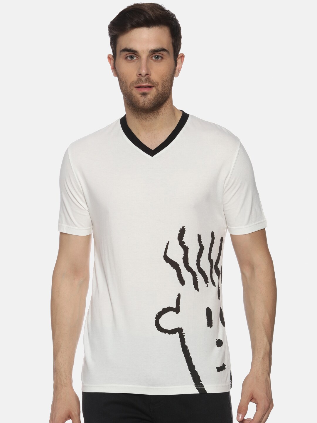

FIDO DIDO Men White Typography Printed V-Neck Pockets Slim Fit T-shirt